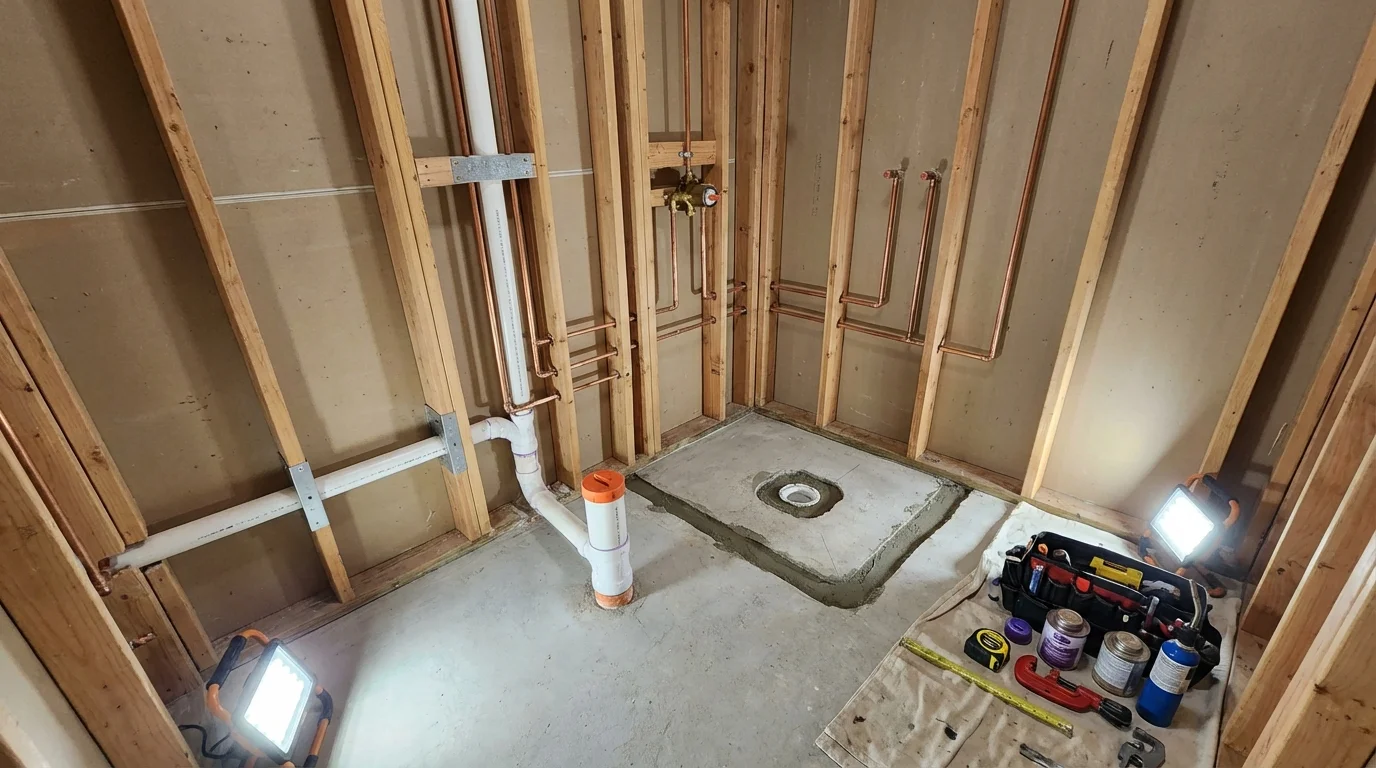 Bathroom rough-in plumbing during remodel by Johns Plumbing LLC in Seagoville