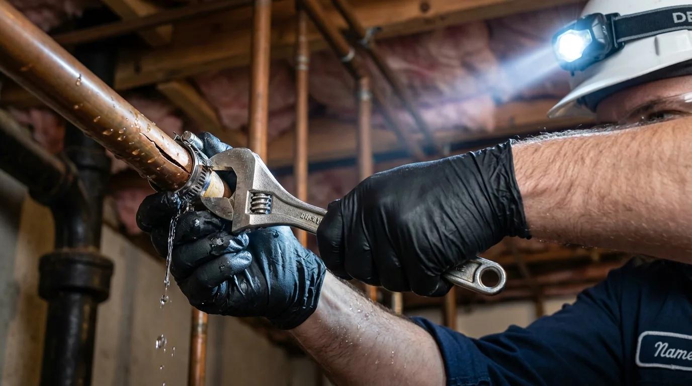 Emergency pipe clamp repair being performed by a Johns Plumbing LLC plumber in Seagoville