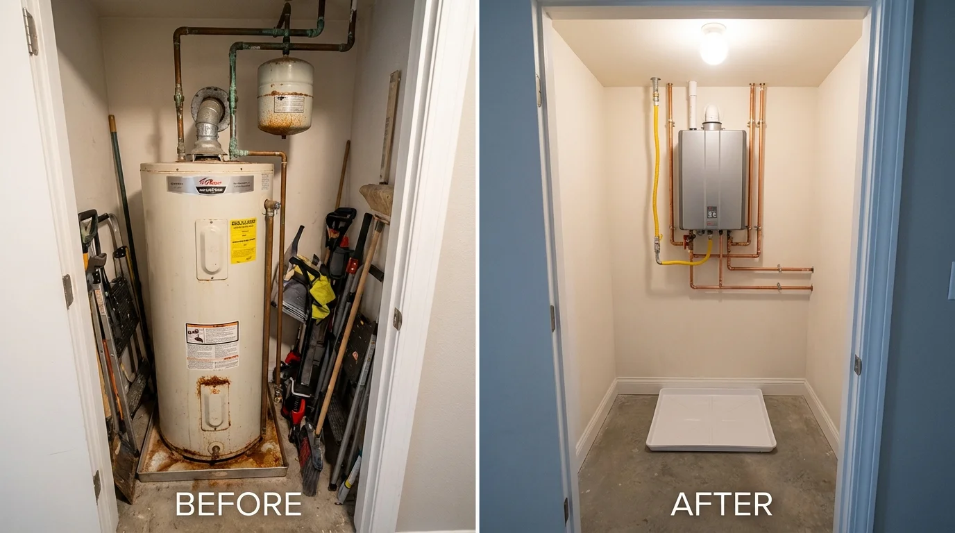 Tank water heater versus wall-mounted tankless unit comparison for Seagoville, TX homeowners