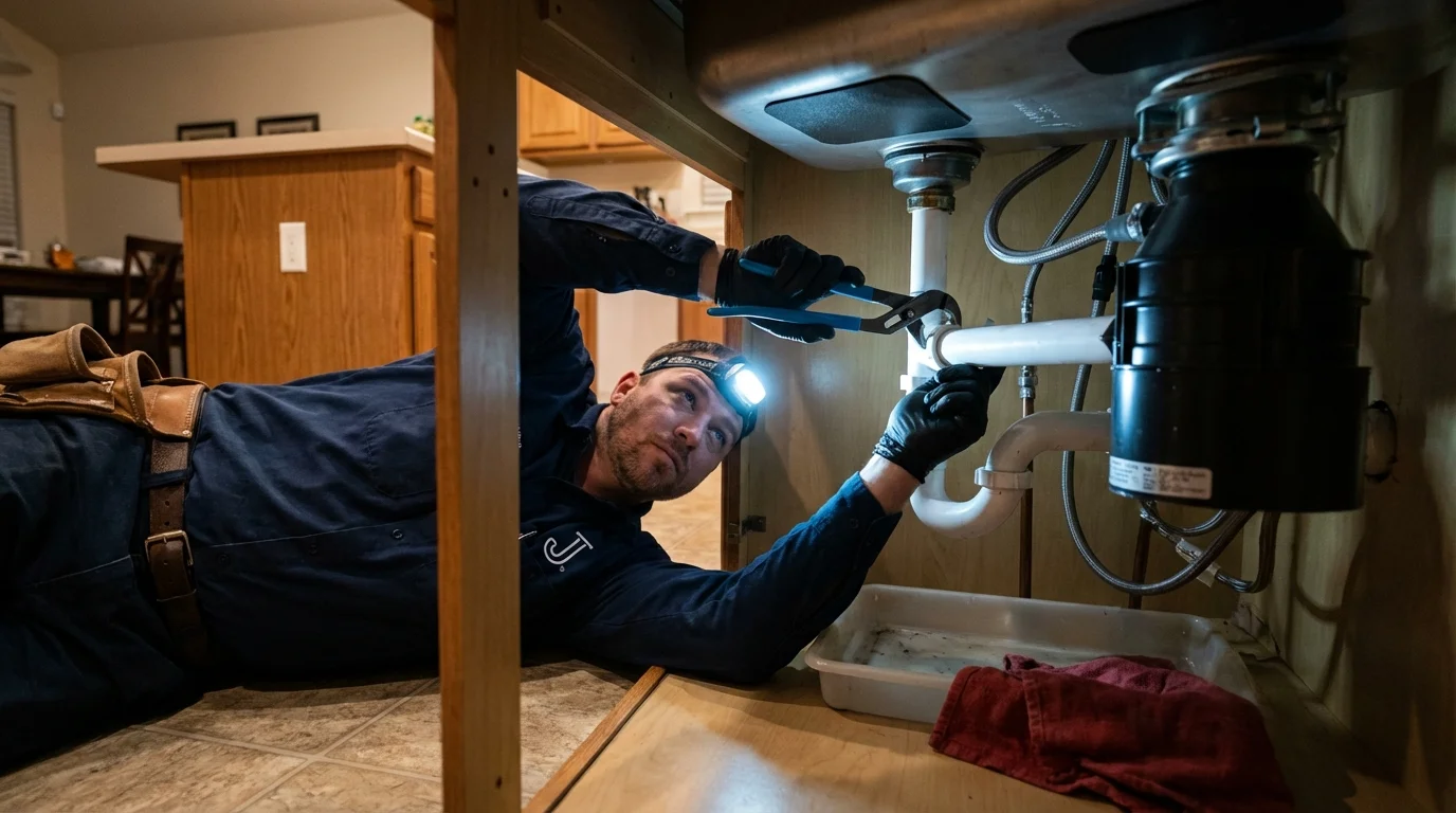 P-trap and supply line connections under a kitchen sink showing a common leak point in Seagoville, TX
